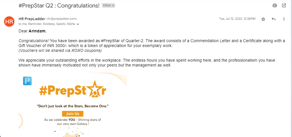 Prepladder employee of the quarter commendation
